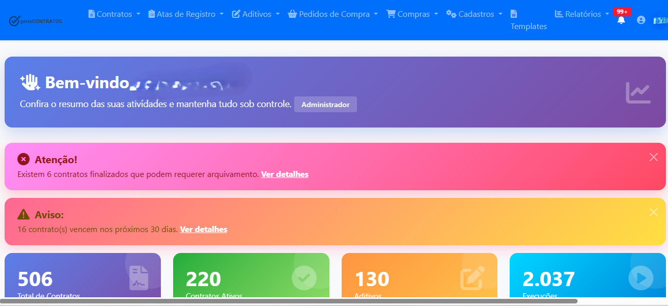 Dashboard do GestaContratos com indicadores e informações dos contratos