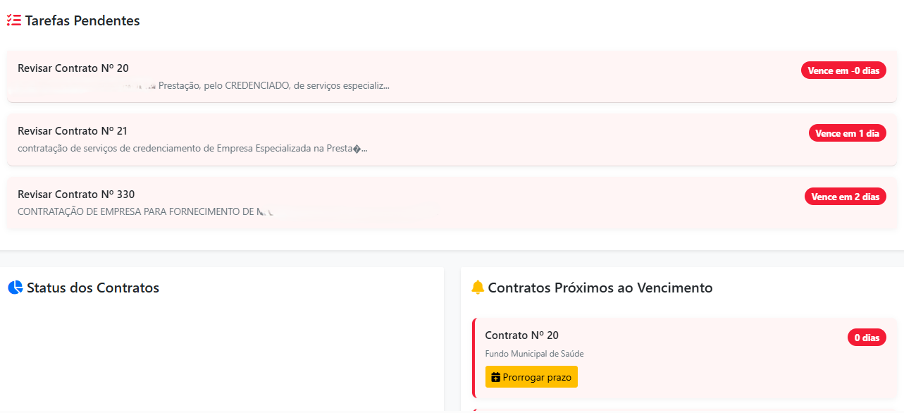 Tela do GestaContratos com tarefas pendentes e acompanhamento de prazos
